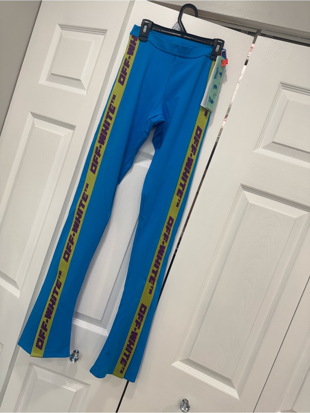 Off-White Bright Blue Leggings with Yellow Side Tape and Purple Logo Print